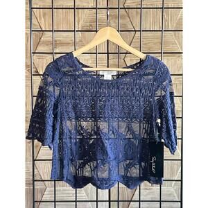 NWT Say What Womens Top Sz Small Blue Crop Embroidered Crochet Bohochic